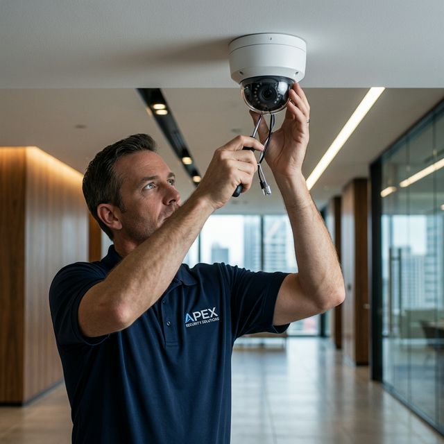Técnico instalando câmera de segurança da L-Vision